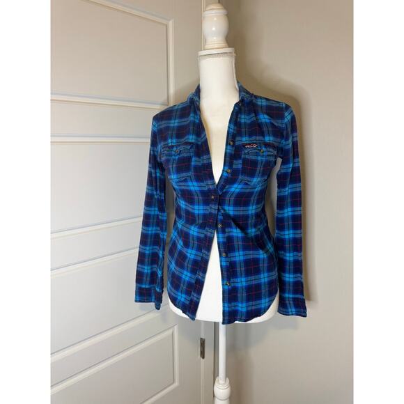 HOLLISTER Size XS Long Sleeve Button Collar Blue Red Plaid Striped Y2K - Picture 1 of 6